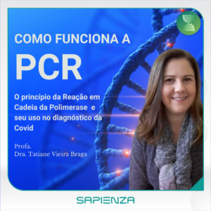 DNA ao fundo da foto de uma mulher. Texto Como Funciona a PCR